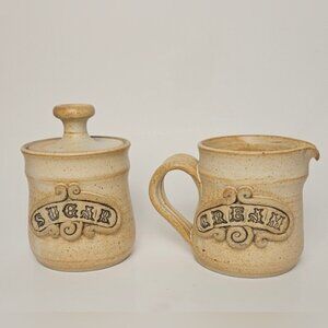 Vintage Set Of Cream Jug & Sugar Pot - Toffee Brown Stoneware Ceramic Pottery